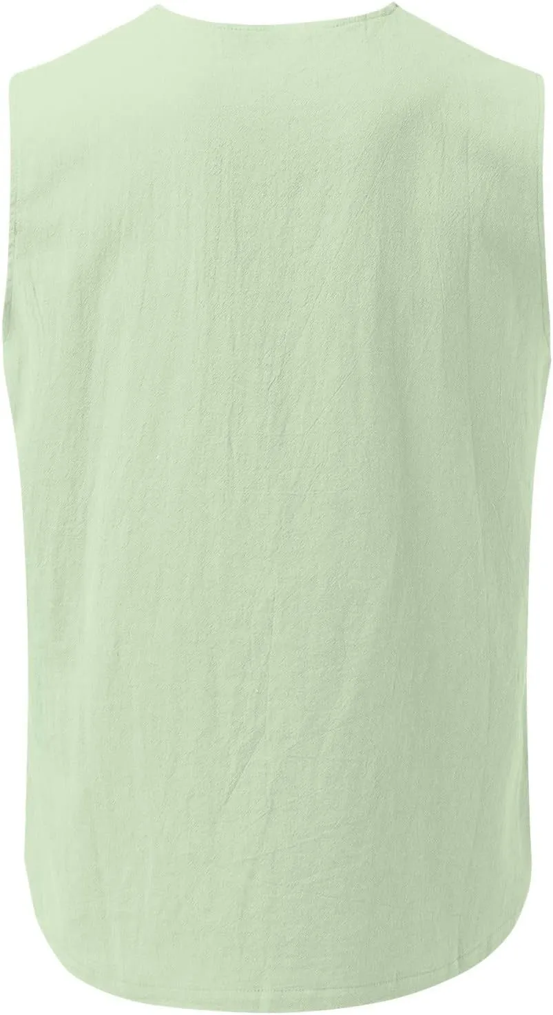 Loose Fit Cotton Linen Bohemian Tank Tops for Mens Summer Beach Fuunny Sleeveless Lace Up Hippie Cutt Off Tshirts
