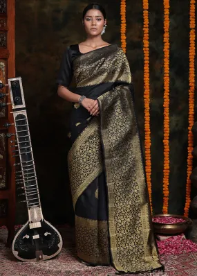 Majesty Black Soft Silk Saree With Alluring Blouse Piece