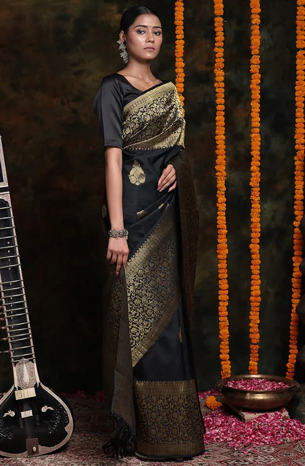 Majesty Black Soft Silk Saree With Alluring Blouse Piece