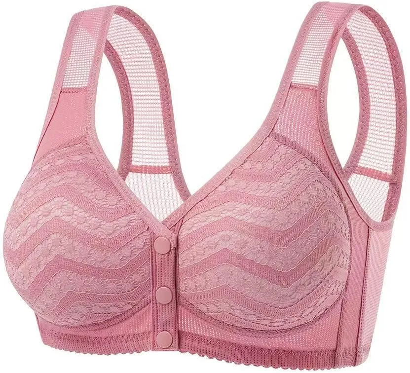 Plus Size Everyday Snap Lace Bras - Women Front Close Push Up Wirefree Bra Soft Support Breathable Mesh Sports Bralette
