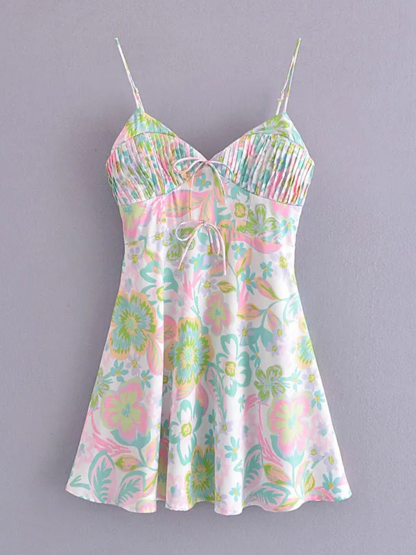 Romantic Floral A-Line Sundress - Pleated Bust Cami Dress