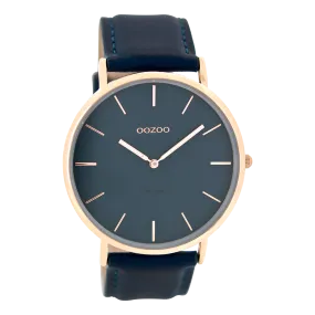 Rose gold coloured  watch with petrol leather strap