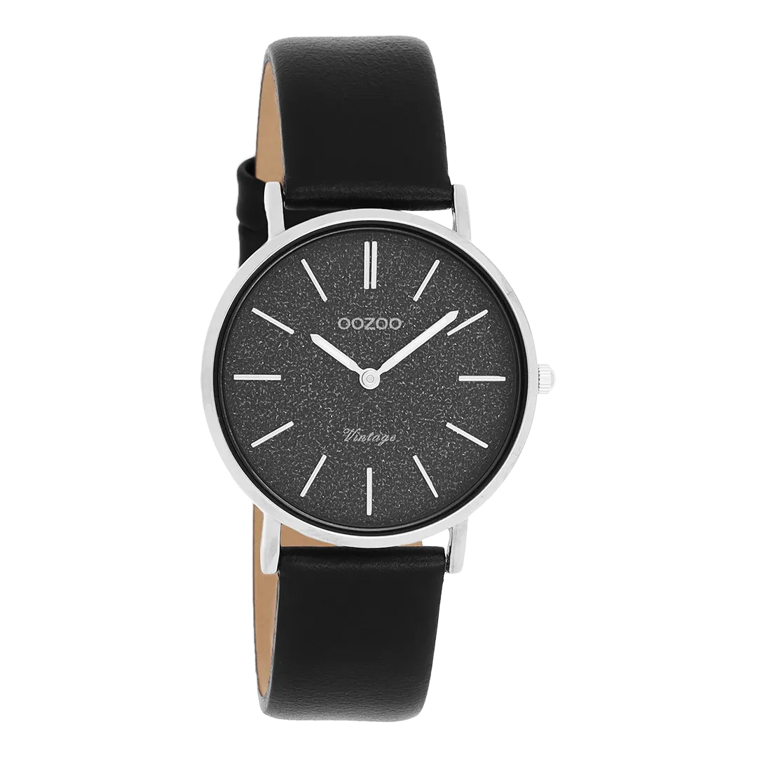 Silver coloured OOZOO watch with black leather strap - C20208
