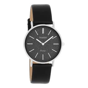 Silver coloured OOZOO watch with black leather strap - C20208