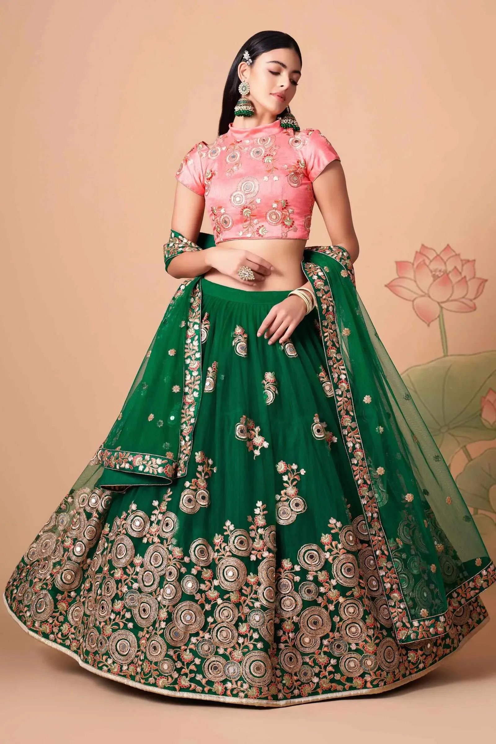 Soft Net Base Peach Color Embroidered Lehenga Choli With Contrast Blouse