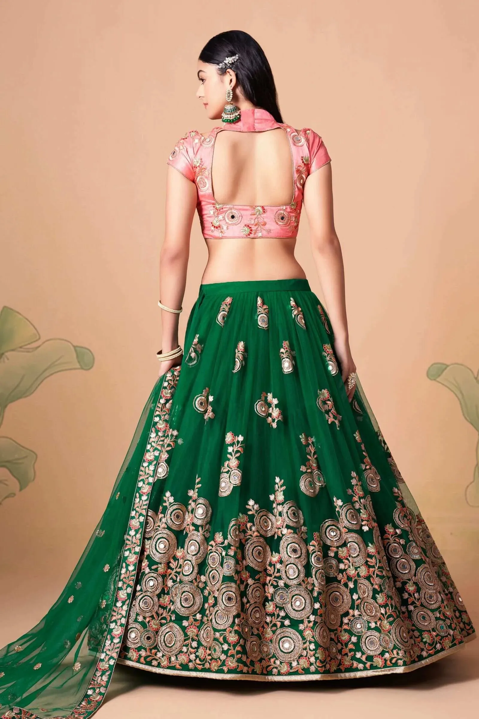 Soft Net Base Peach Color Embroidered Lehenga Choli With Contrast Blouse
