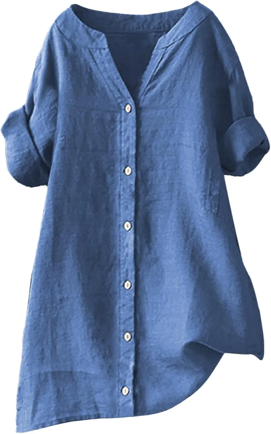 Spring Tops for Women Linen Shirt Stand Up Linen Long Sleeved Roll Up Solid Color Button Down Fashion Casual Soft Top
