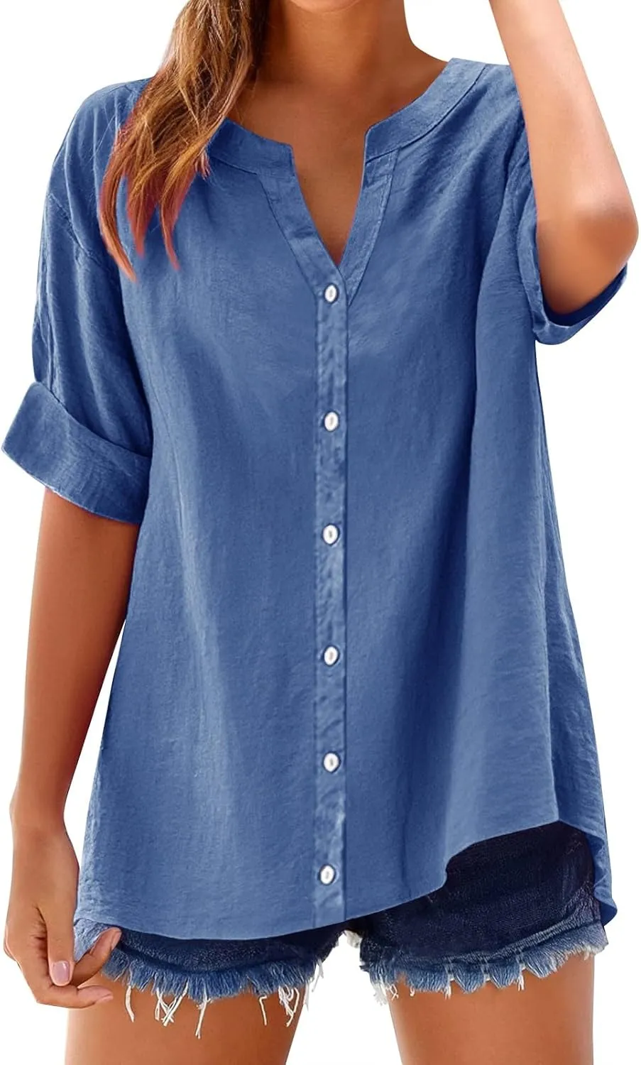 Spring Tops for Women Linen Shirt Stand Up Linen Long Sleeved Roll Up Solid Color Button Down Fashion Casual Soft Top