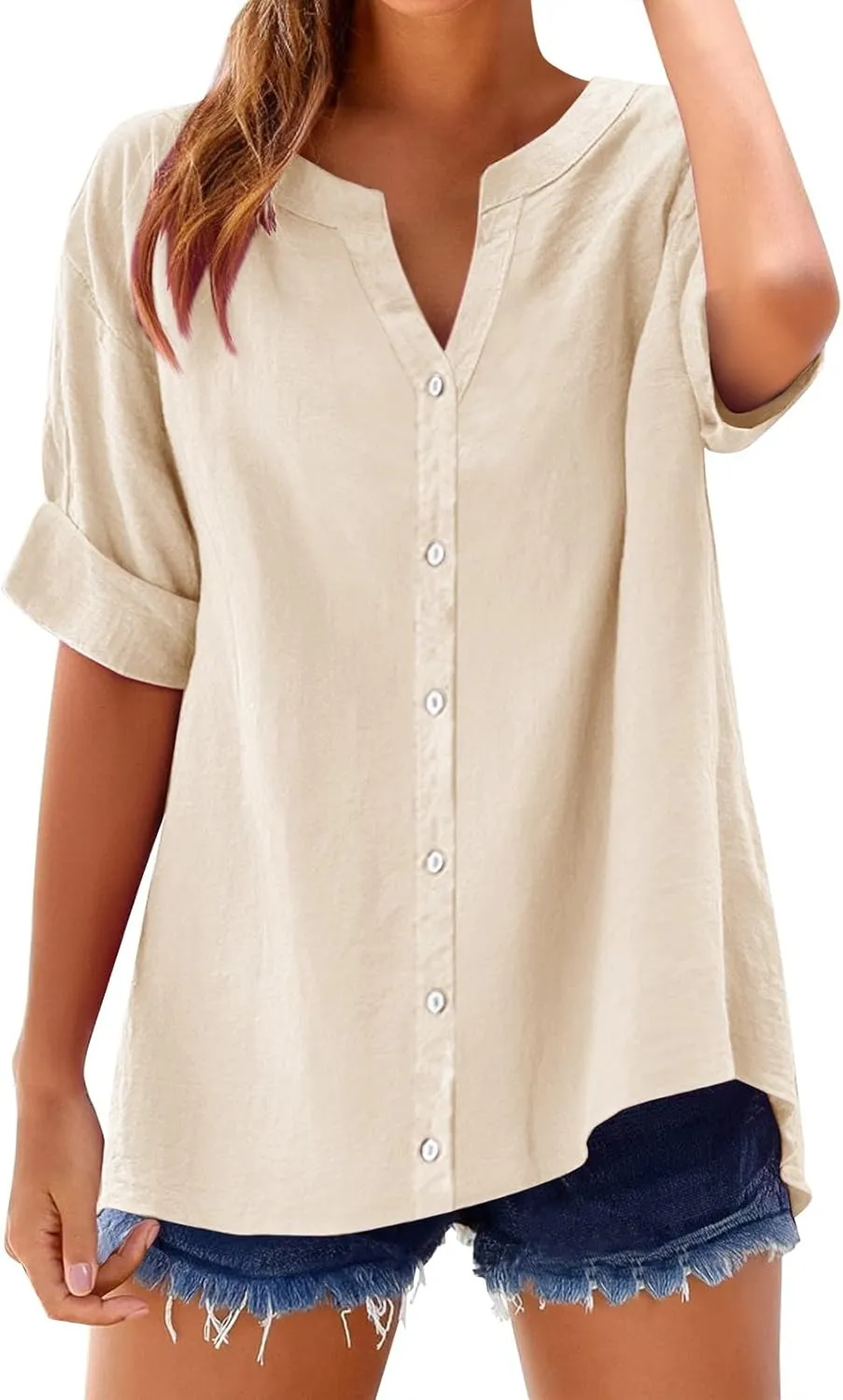 Spring Tops for Women Linen Shirt Stand Up Linen Long Sleeved Roll Up Solid Color Button Down Fashion Casual Soft Top