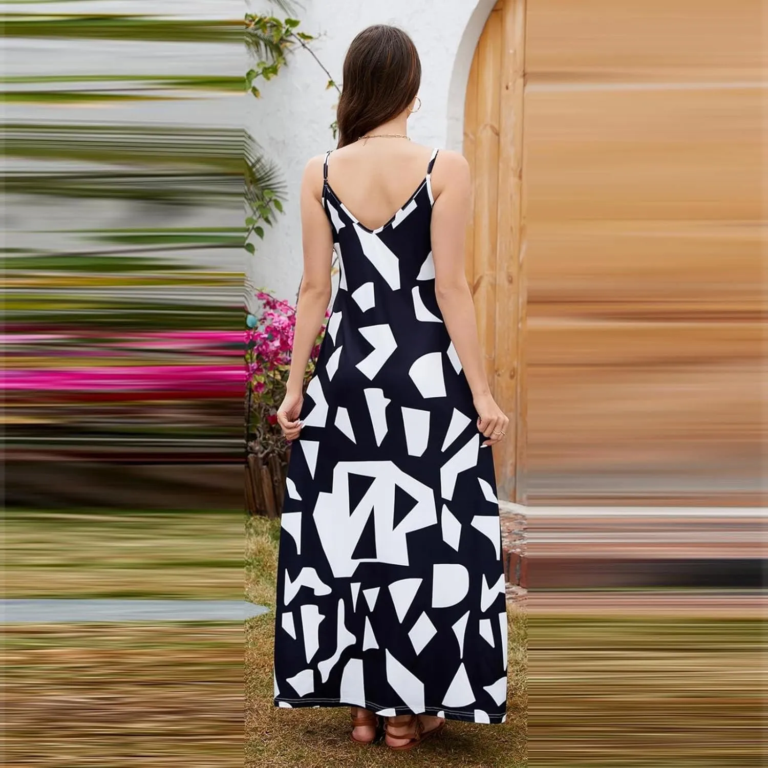 Summer Dresses for Women 2024 Casual Loose Spaghetti Strap Maxi Dress with Pockets Boho Vacation Sundress Sun Dress