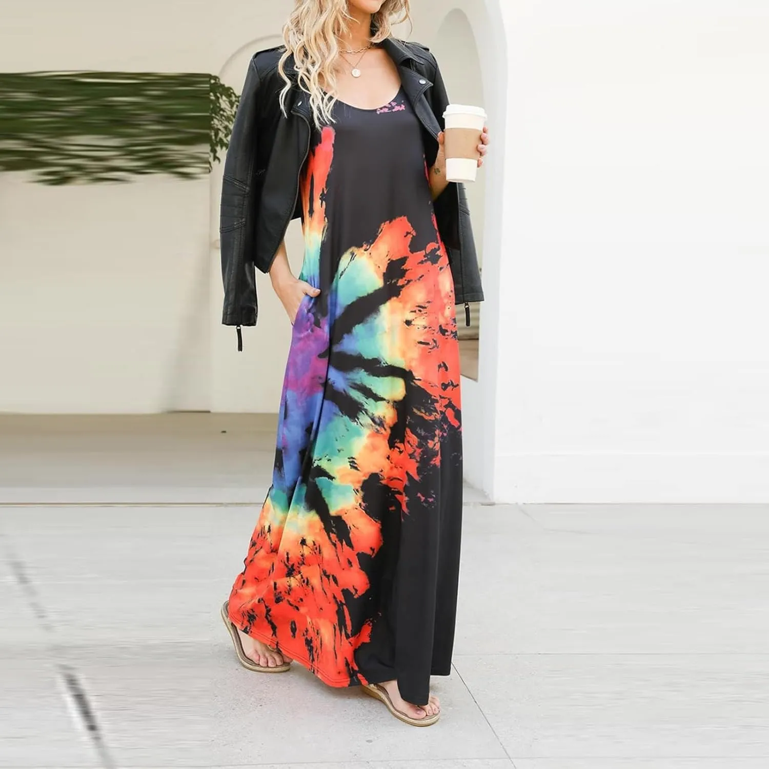 Summer Dresses for Women 2024 Casual Loose Spaghetti Strap Maxi Dress with Pockets Boho Vacation Sundress Sun Dress