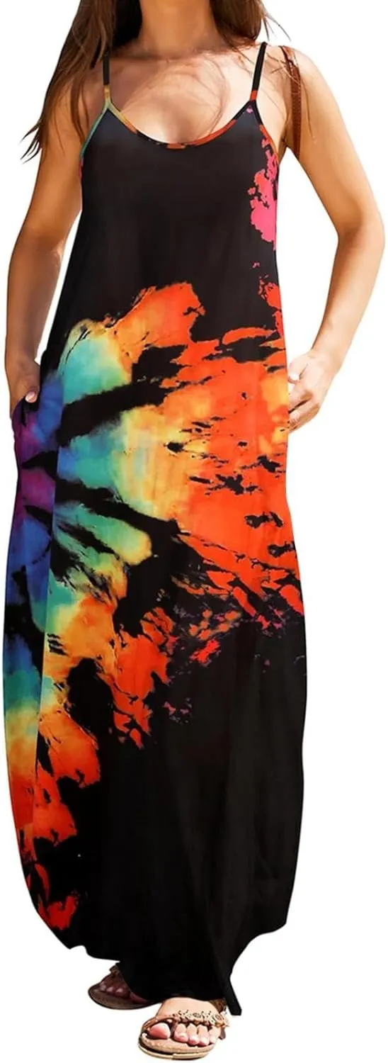 Summer Dresses for Women 2024 Casual Loose Spaghetti Strap Maxi Dress with Pockets Boho Vacation Sundress Sun Dress