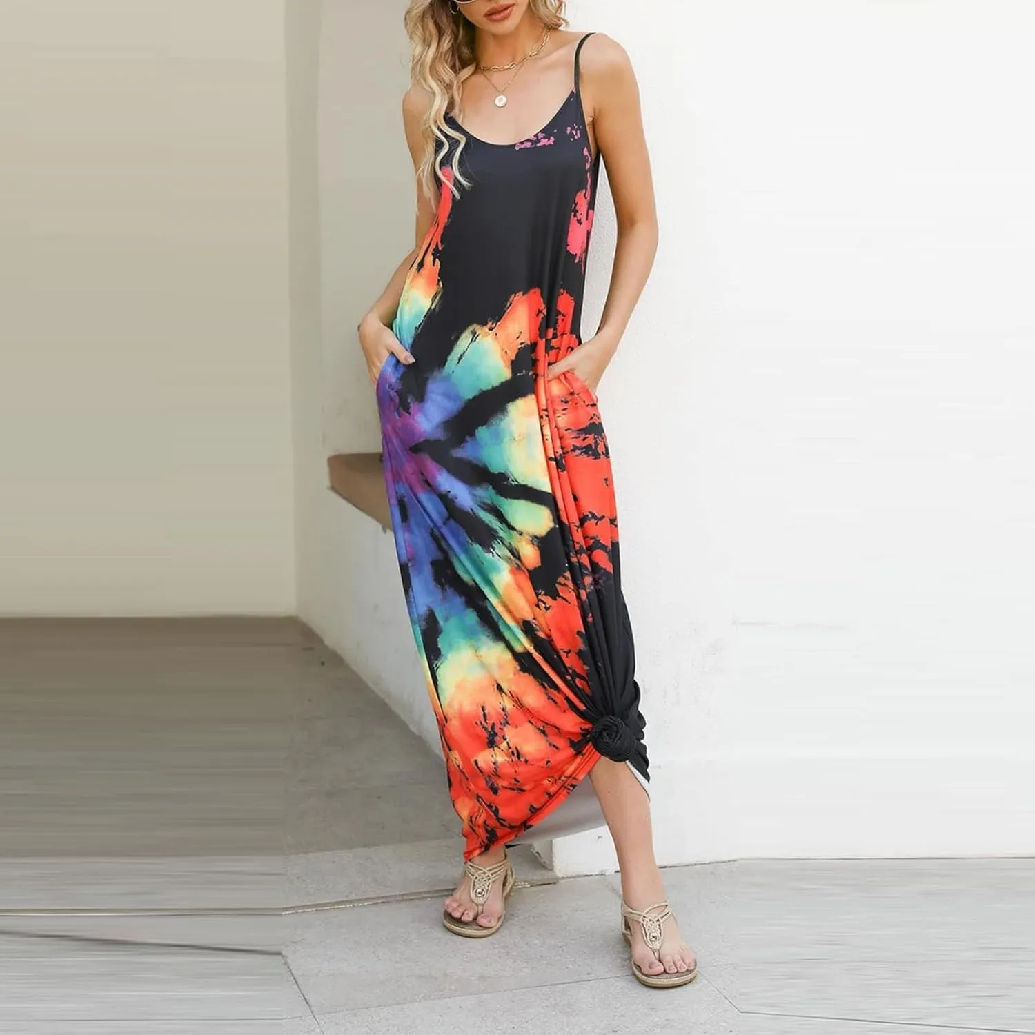Summer Dresses for Women 2024 Casual Loose Spaghetti Strap Maxi Dress with Pockets Boho Vacation Sundress Sun Dress