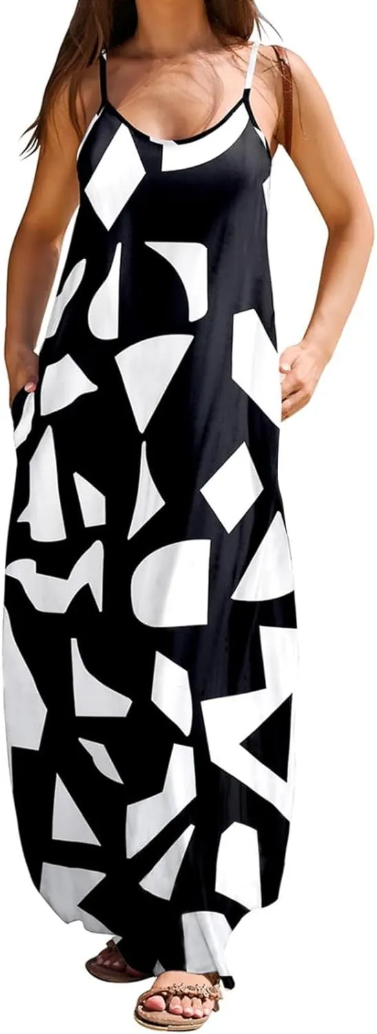 Summer Dresses for Women 2024 Casual Loose Spaghetti Strap Maxi Dress with Pockets Boho Vacation Sundress Sun Dress
