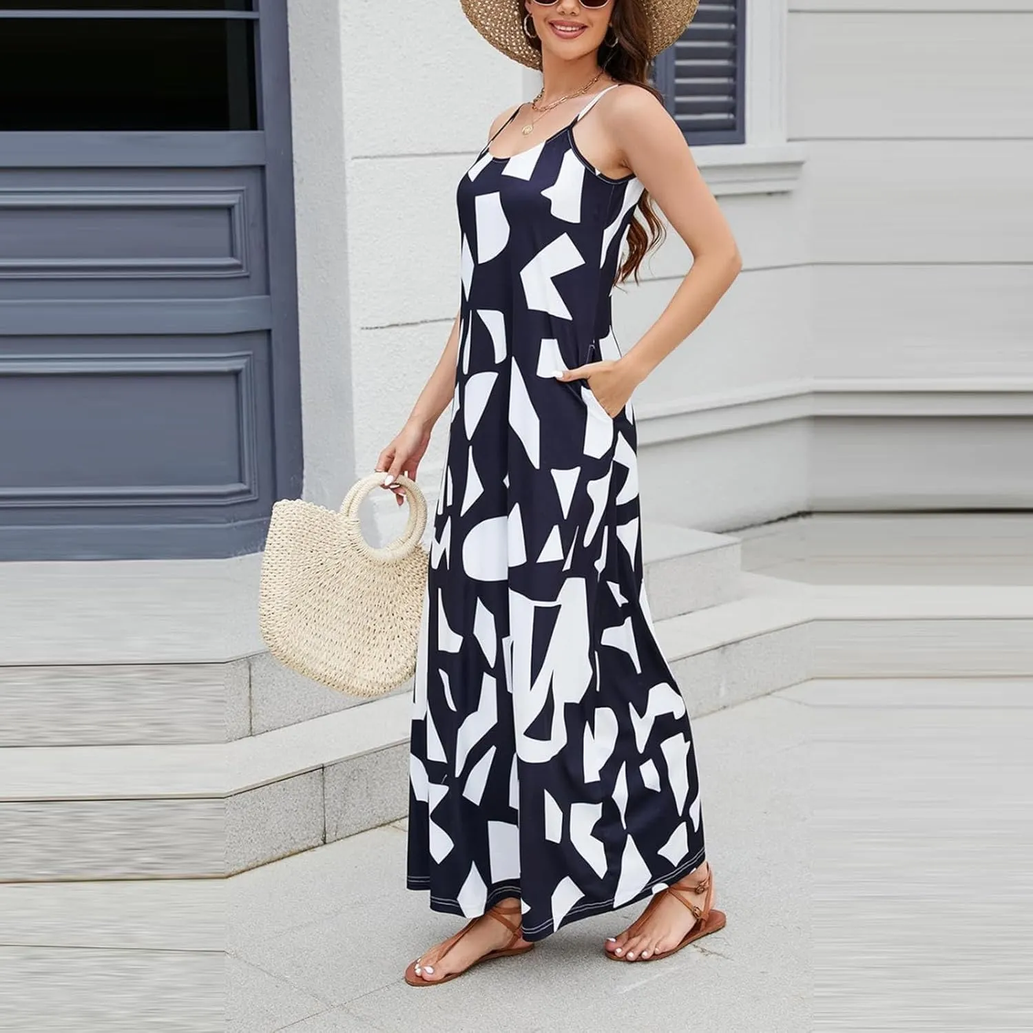 Summer Dresses for Women 2024 Casual Loose Spaghetti Strap Maxi Dress with Pockets Boho Vacation Sundress Sun Dress