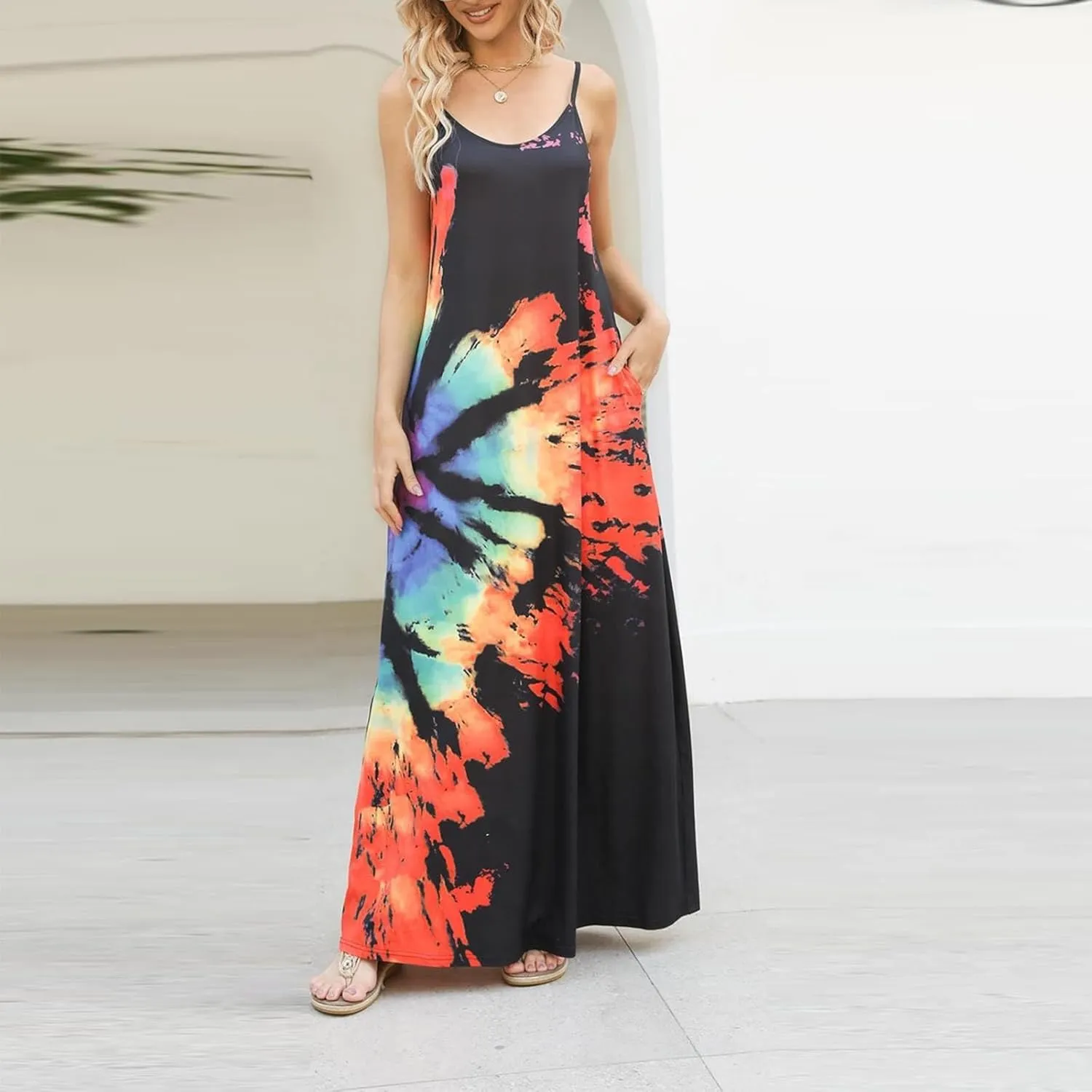 Summer Dresses for Women 2024 Casual Loose Spaghetti Strap Maxi Dress with Pockets Boho Vacation Sundress Sun Dress