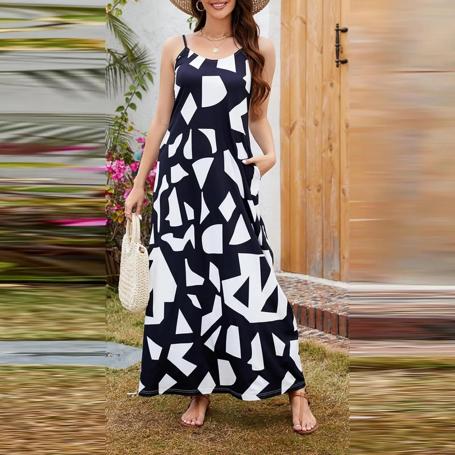 Summer Dresses for Women 2024 Casual Loose Spaghetti Strap Maxi Dress with Pockets Boho Vacation Sundress Sun Dress