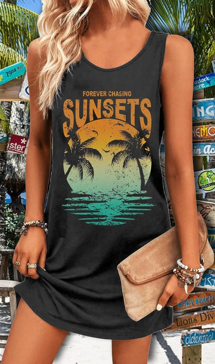 Summer Tank Dress for Women Casual Vacation Sundress Coconut Tree Graphic Beach Cover Up