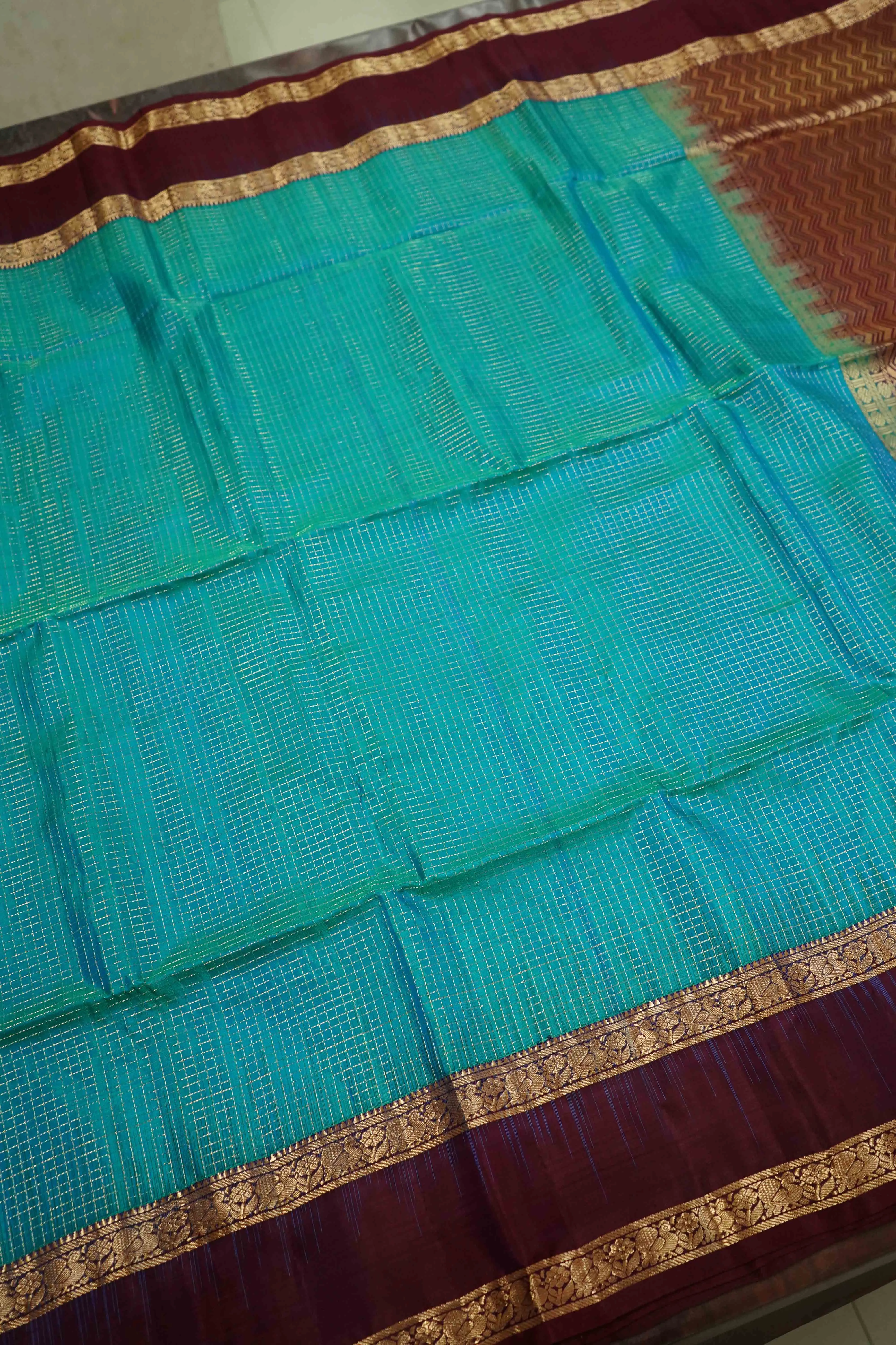TURQUOISE BLUE WITH DARK MAROON PURE KANCHI SOFT SILK SAREE