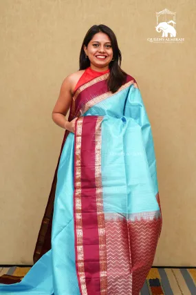 TURQUOISE BLUE WITH DARK MAROON PURE KANCHI SOFT SILK SAREE