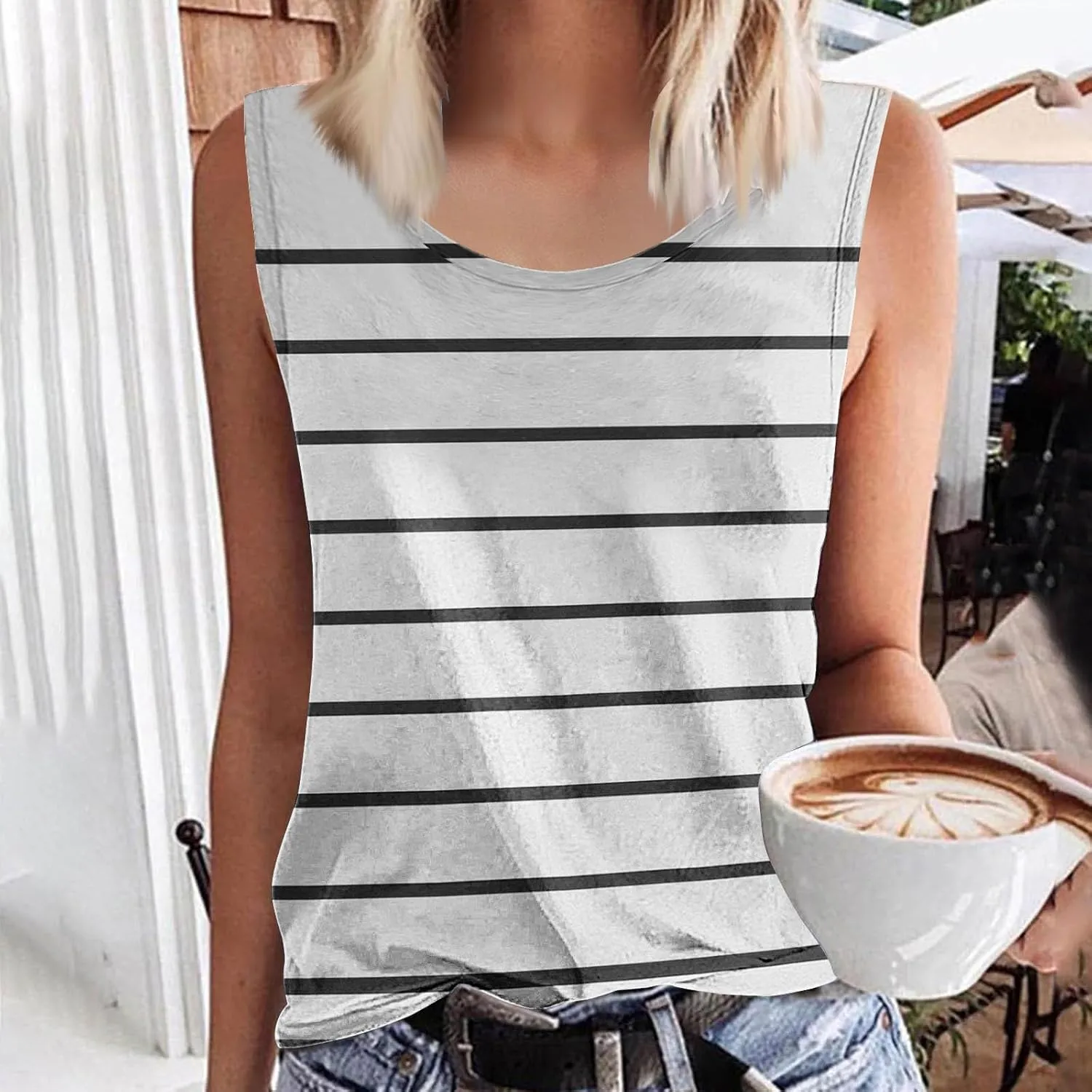Women Striped Casual Loose Tank Tops, Summer Sleeveless Crewneck Daily Shirts Soft Breathable Going Out Trendy Clothes