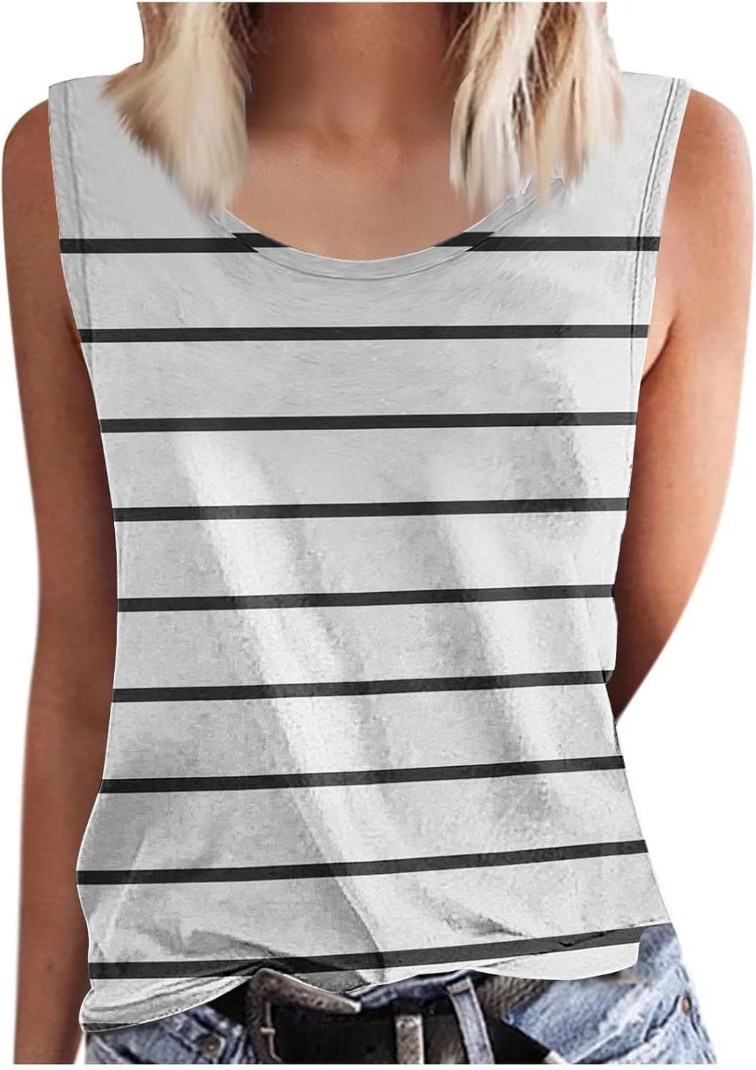 Women Striped Casual Loose Tank Tops, Summer Sleeveless Crewneck Daily Shirts Soft Breathable Going Out Trendy Clothes