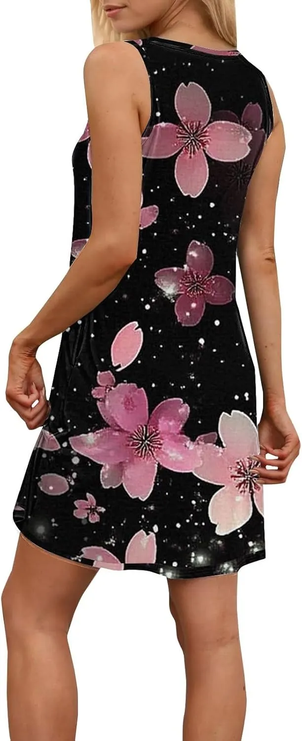 Women Summer Dresses 2025 Loose Beach Vacation Casual Dress Ladies Scoop Neck Sleeveless Sundresses with Pocket