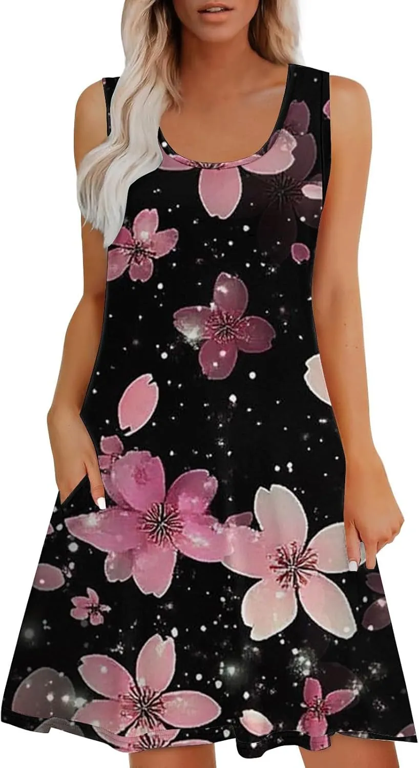 Women Summer Dresses 2025 Loose Beach Vacation Casual Dress Ladies Scoop Neck Sleeveless Sundresses with Pocket