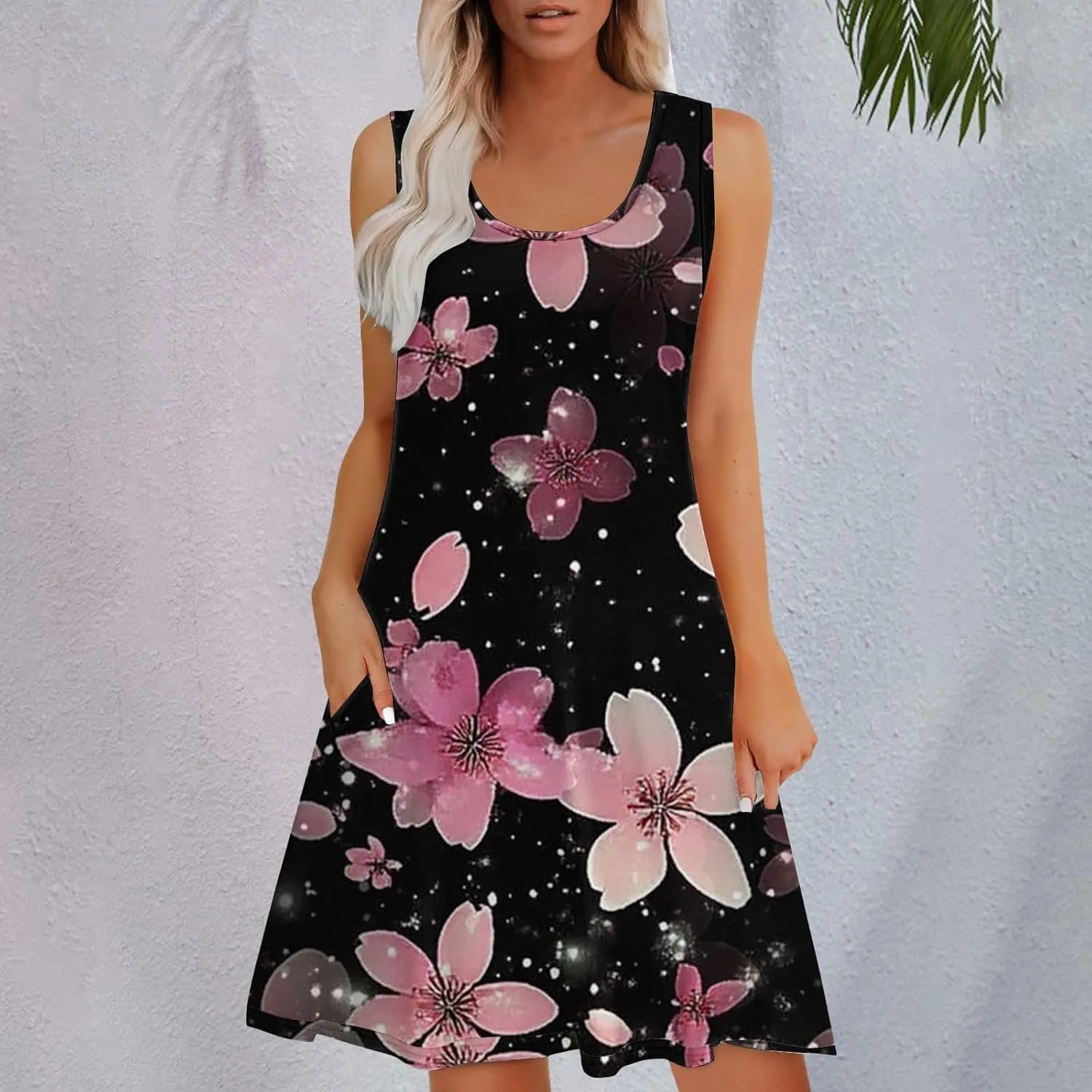 Women Summer Dresses 2025 Loose Beach Vacation Casual Dress Ladies Scoop Neck Sleeveless Sundresses with Pocket