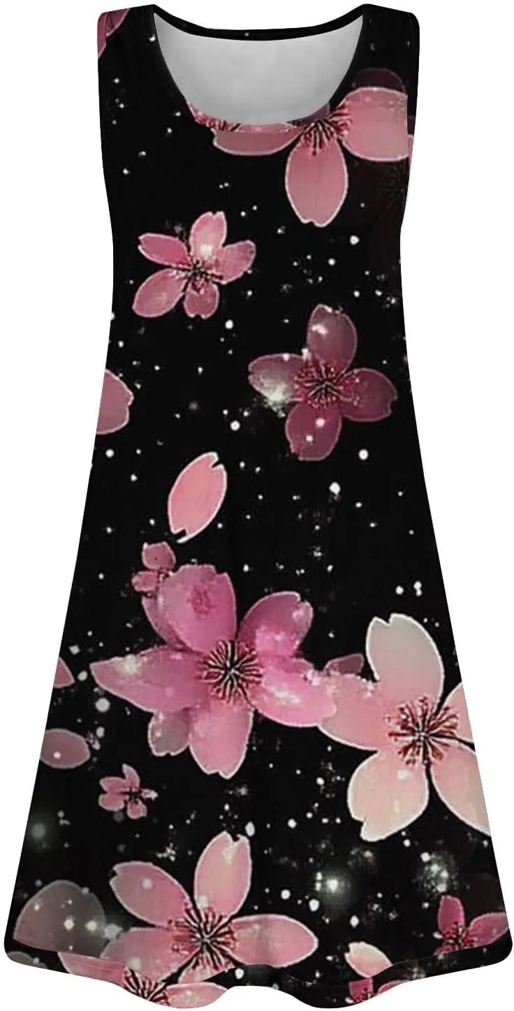 Women Summer Dresses 2025 Loose Beach Vacation Casual Dress Ladies Scoop Neck Sleeveless Sundresses with Pocket
