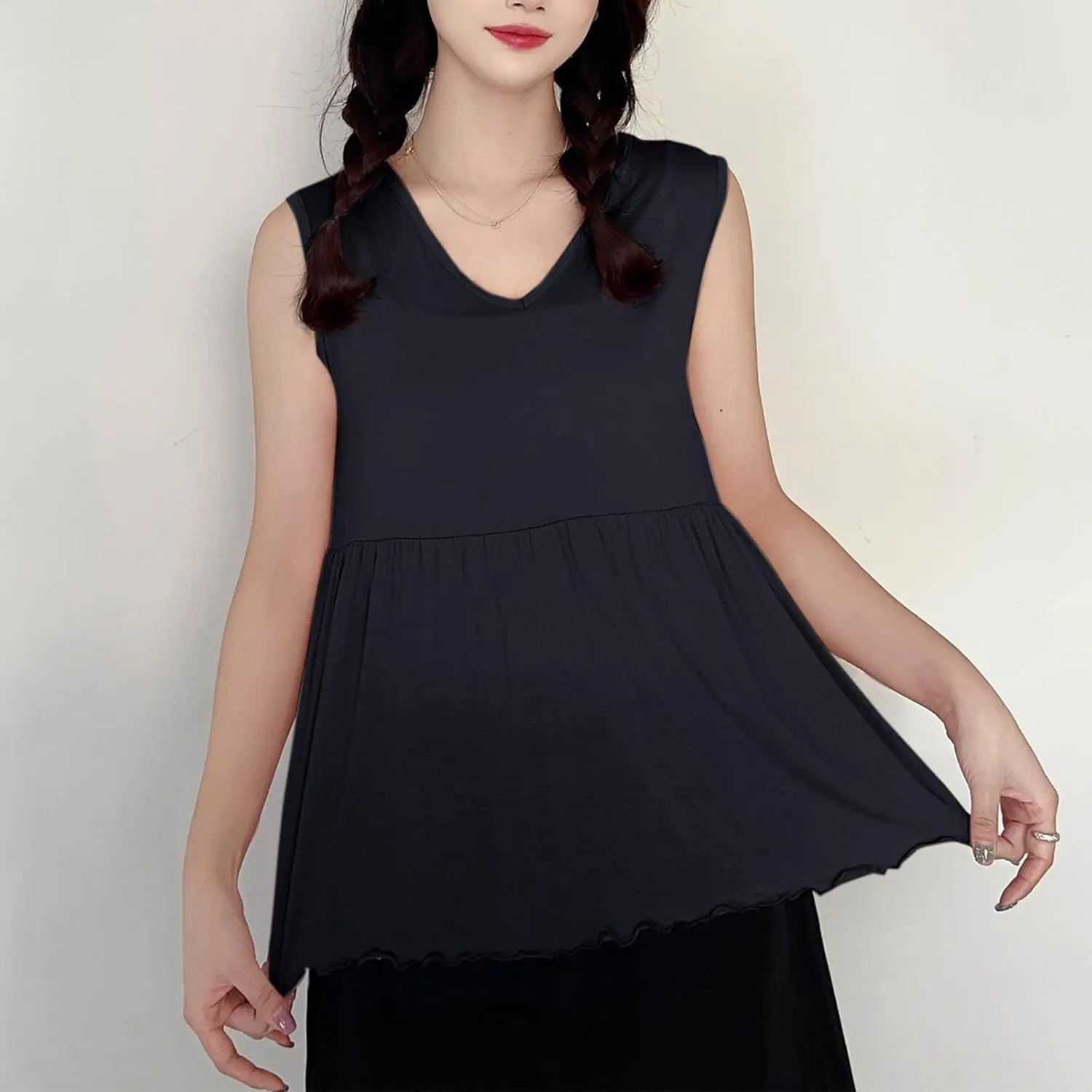 Women V Neck Ruffle Hem Sleeveless Babydoll Tank Top Soft Comfortable Pajama Tops Casual Loose Fit Flowy Shirt