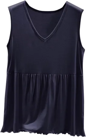 Women V Neck Ruffle Hem Sleeveless Babydoll Tank Top Soft Comfortable Pajama Tops Casual Loose Fit Flowy Shirt