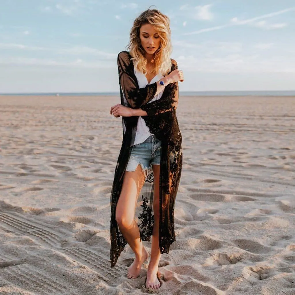 Women's 3/4 Sleeve Mesh Embroidered Beach Kimono Cover-Up
