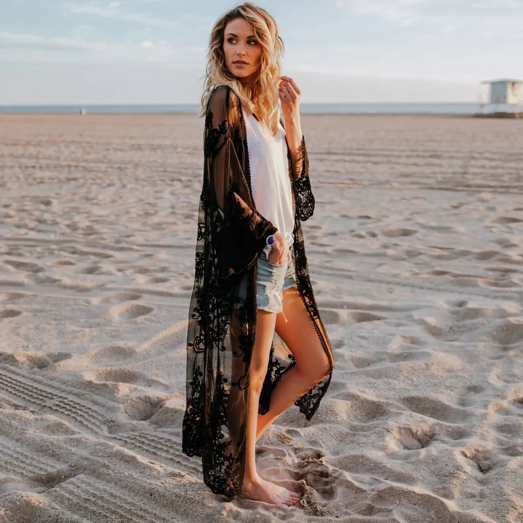 Women's 3/4 Sleeve Mesh Embroidered Beach Kimono Cover-Up