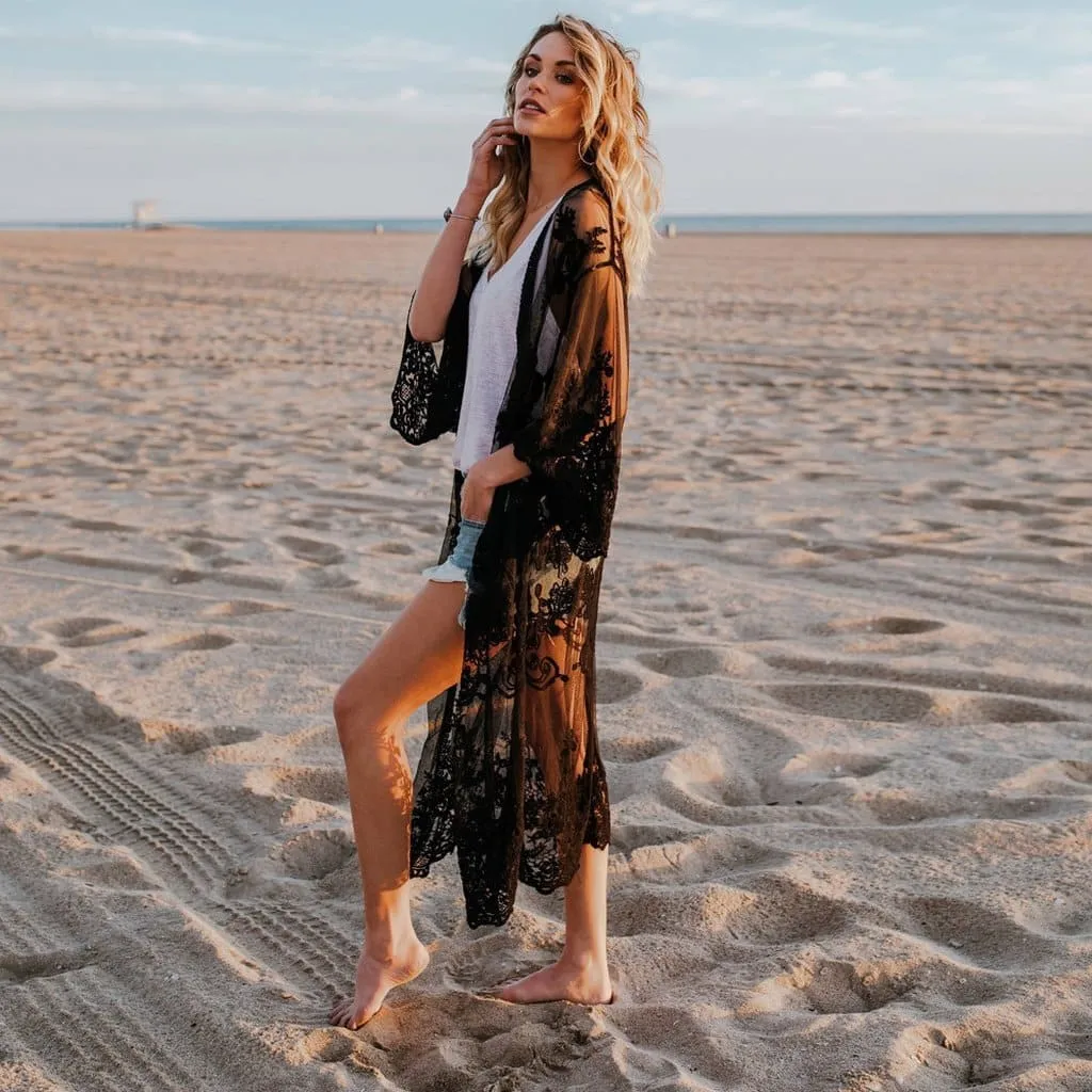 Women's 3/4 Sleeve Mesh Embroidered Beach Kimono Cover-Up