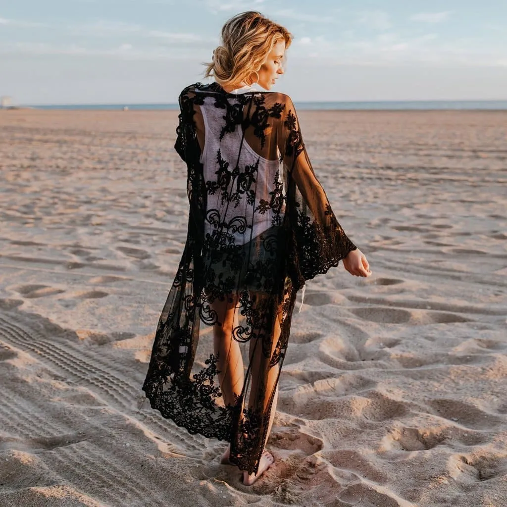 Women's 3/4 Sleeve Mesh Embroidered Beach Kimono Cover-Up