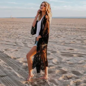 Women's 3/4 Sleeve Mesh Embroidered Beach Kimono Cover-Up