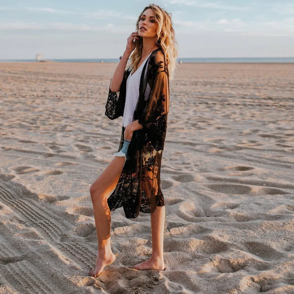 Women's 3/4 Sleeve Mesh Embroidered Beach Kimono Cover-Up