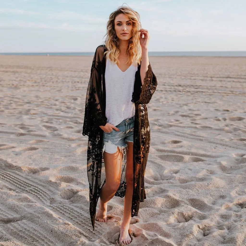 Women's 3/4 Sleeve Mesh Embroidered Beach Kimono Cover-Up