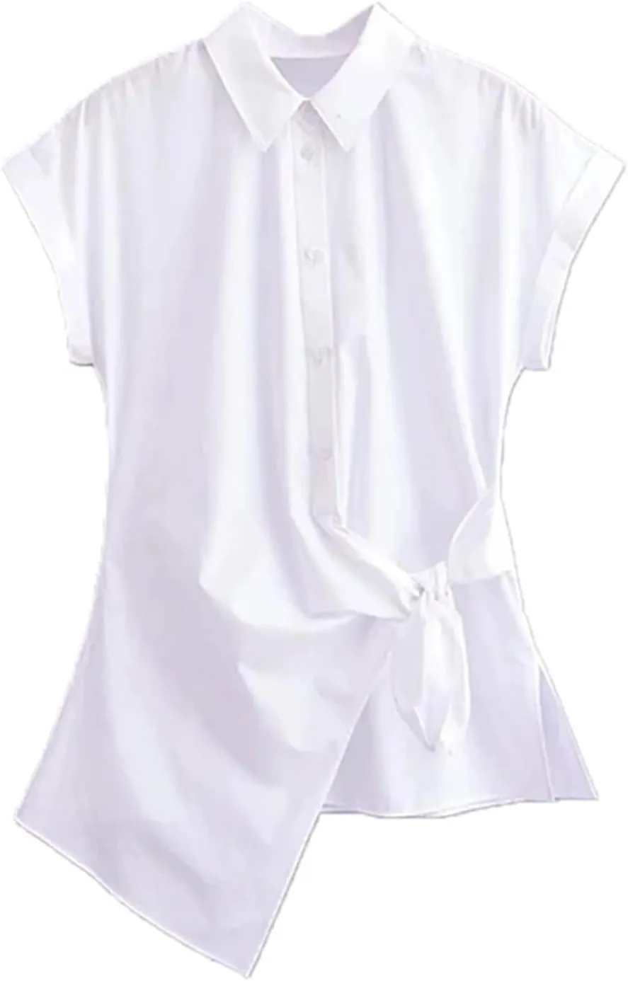 Women's Asymmetric Poplin Shirt Tie Front Lapel Short Sleeve Button Shirt Chic Top