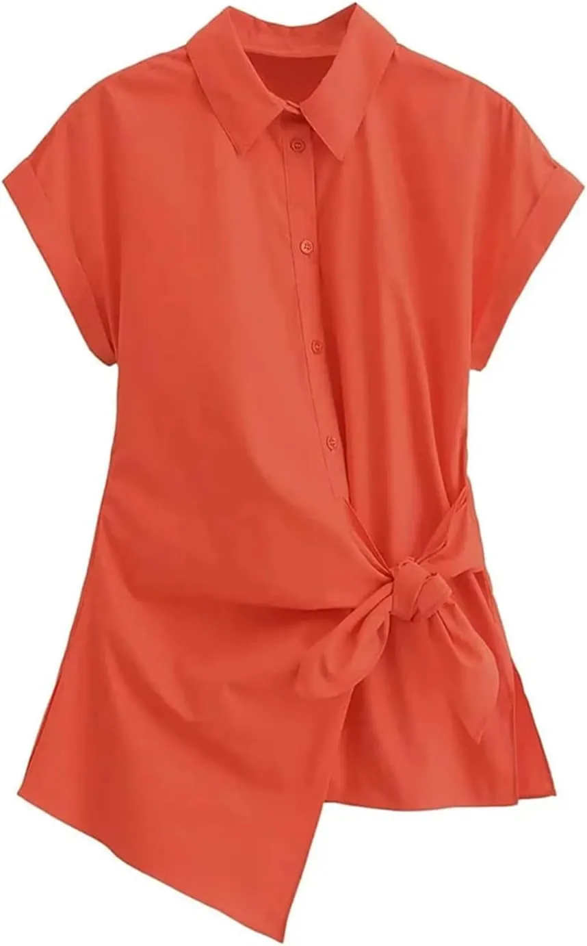 Women's Asymmetric Poplin Shirt Tie Front Lapel Short Sleeve Button Shirt Chic Top