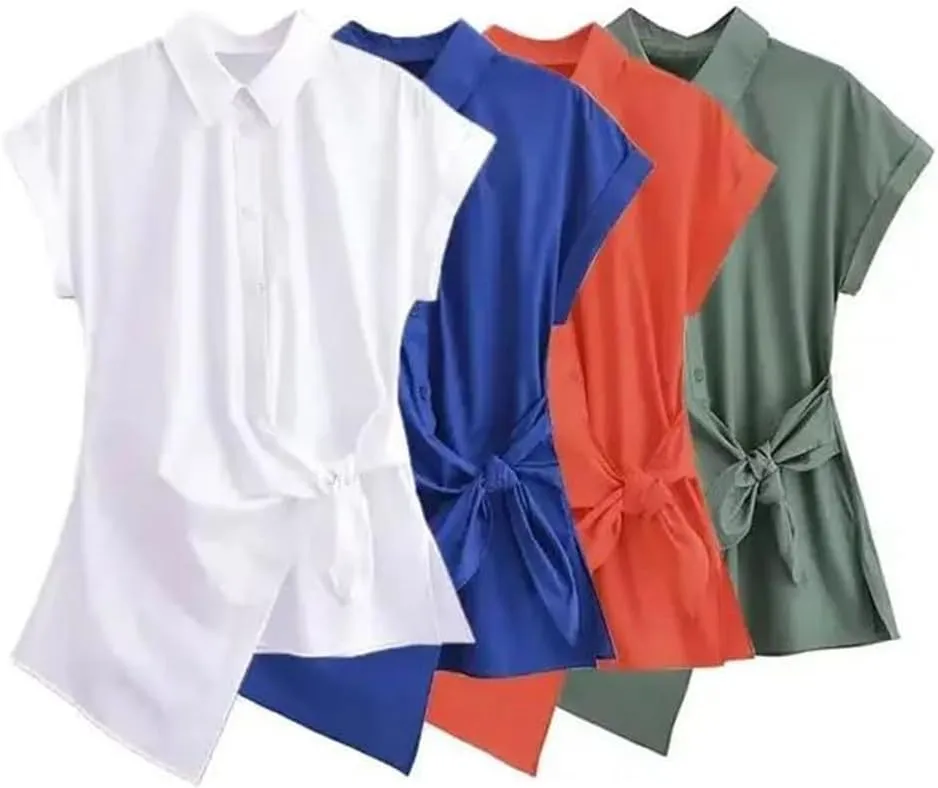 Women's Asymmetric Poplin Shirt Tie Front Lapel Short Sleeve Button Shirt Chic Top