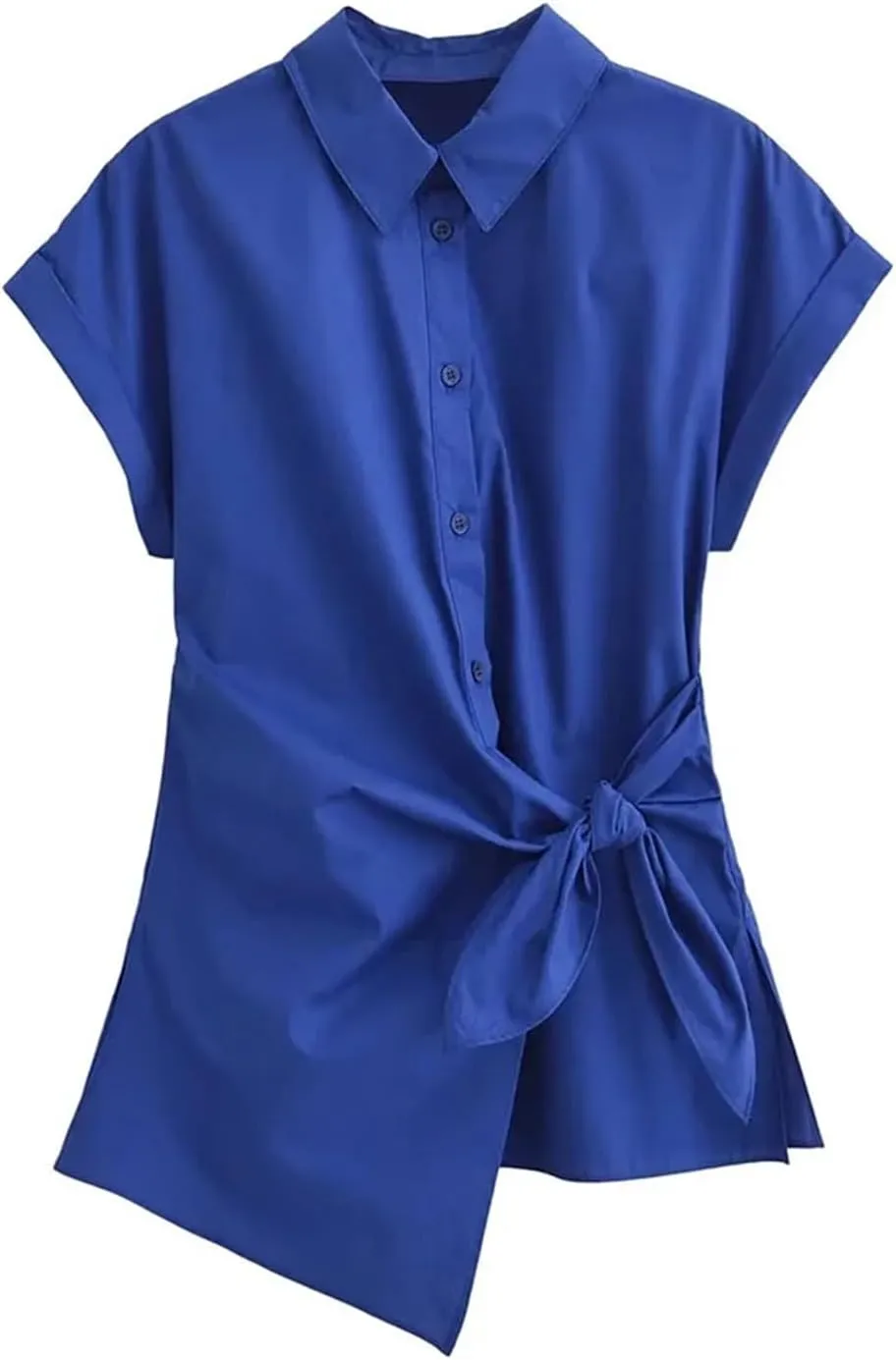 Women's Asymmetric Poplin Shirt Tie Front Lapel Short Sleeve Button Shirt Chic Top