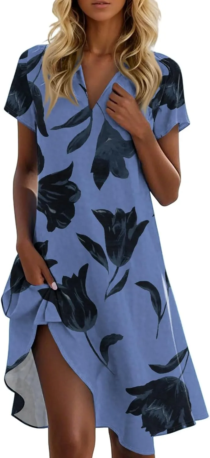 Womens Beach Vacation Dress Summer Chic Vivid Boho Floral Short Sleeve Collared V Neck Hawaiian T Shirt Sundresses