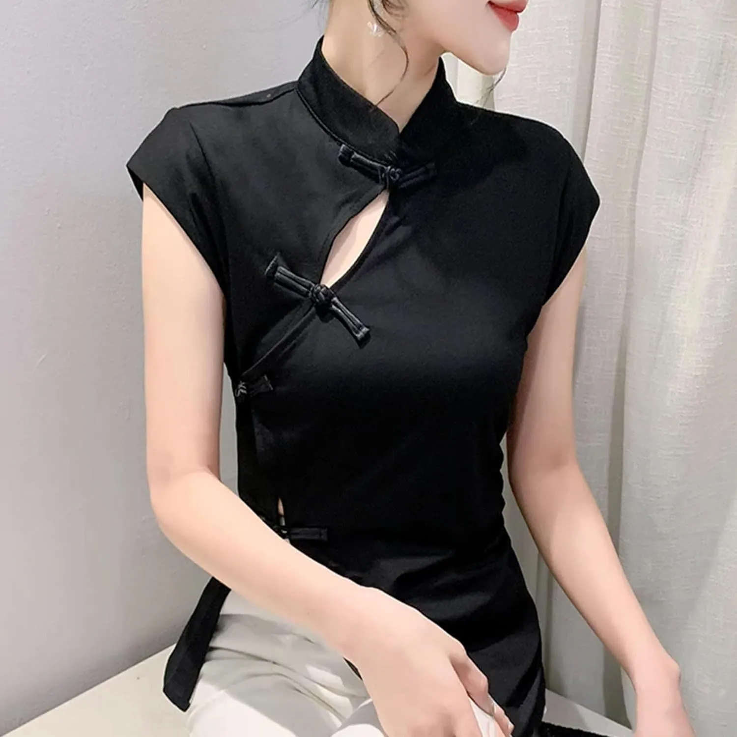 Women's Breathable Mandarin Collar Blouse Irregular Split Slim Cap Sleeve Asymmetric Shirt