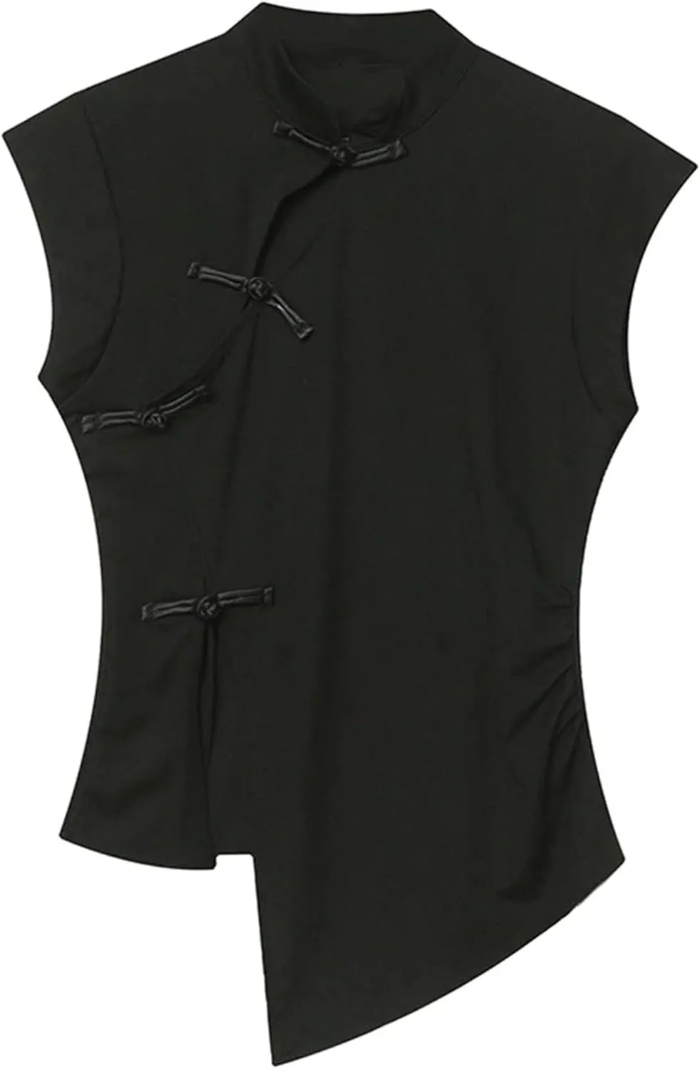 Women's Breathable Mandarin Collar Blouse Irregular Split Slim Cap Sleeve Asymmetric Shirt