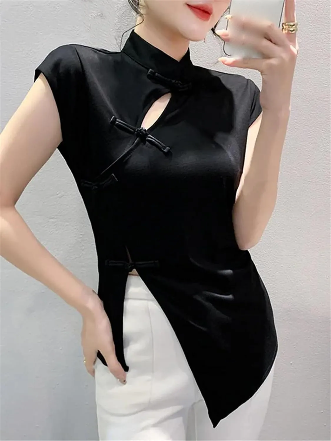 Women's Breathable Mandarin Collar Blouse Irregular Split Slim Cap Sleeve Asymmetric Shirt