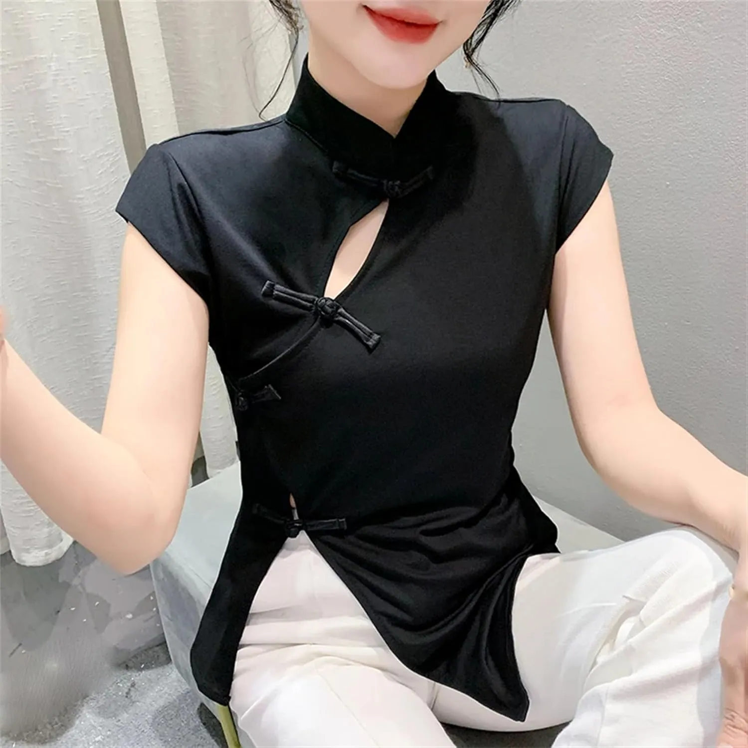 Women's Breathable Mandarin Collar Blouse Irregular Split Slim Cap Sleeve Asymmetric Shirt