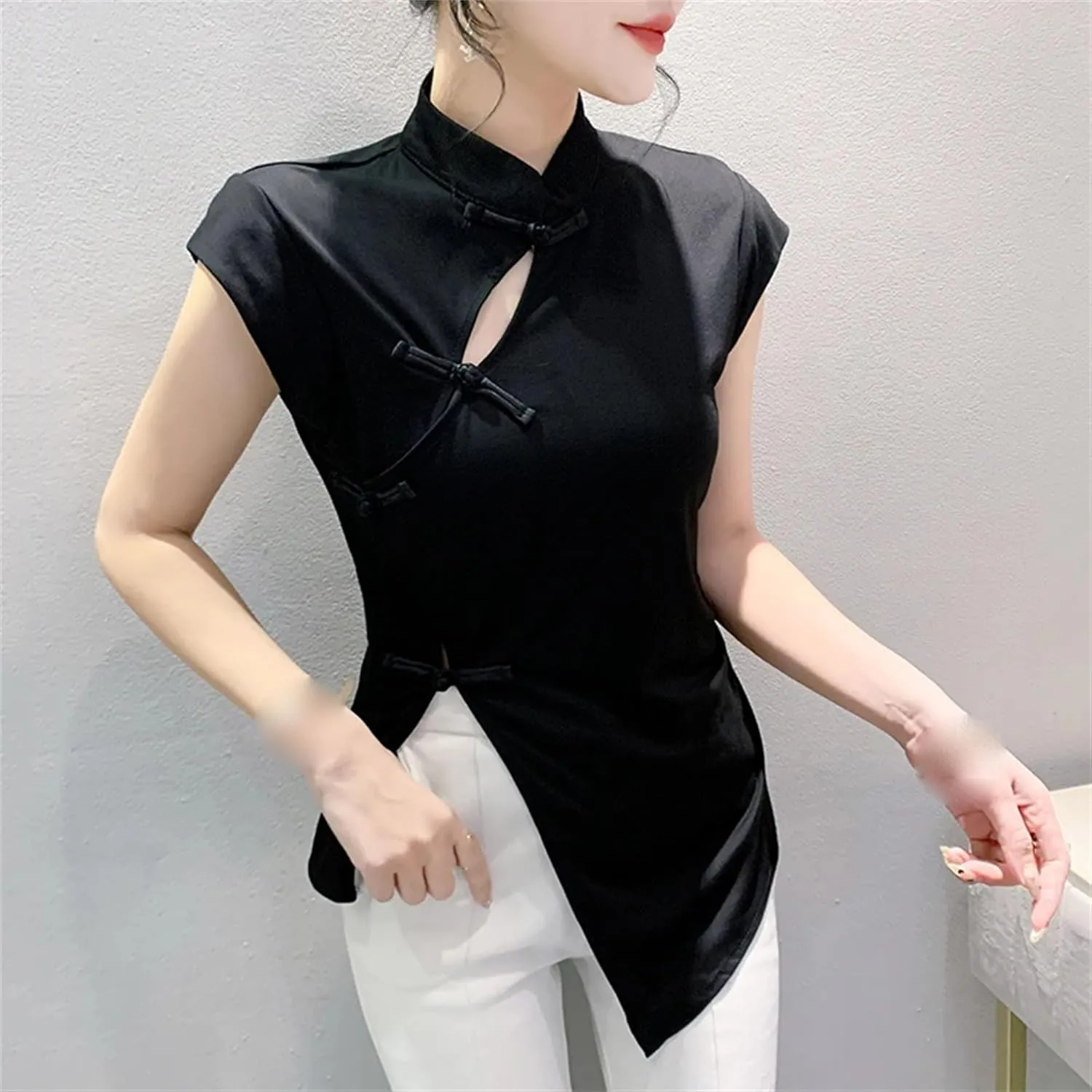 Women's Breathable Mandarin Collar Blouse Irregular Split Slim Cap Sleeve Asymmetric Shirt