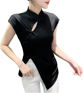 Women's Breathable Mandarin Collar Blouse Irregular Split Slim Cap Sleeve Asymmetric Shirt